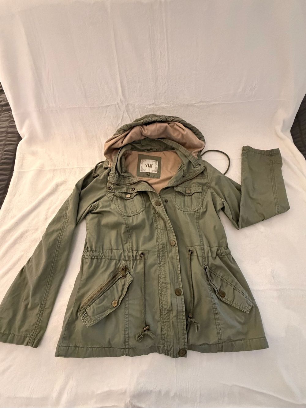 YMI Olive Green Hooded Utility Jacket with Tan Lining size: L
